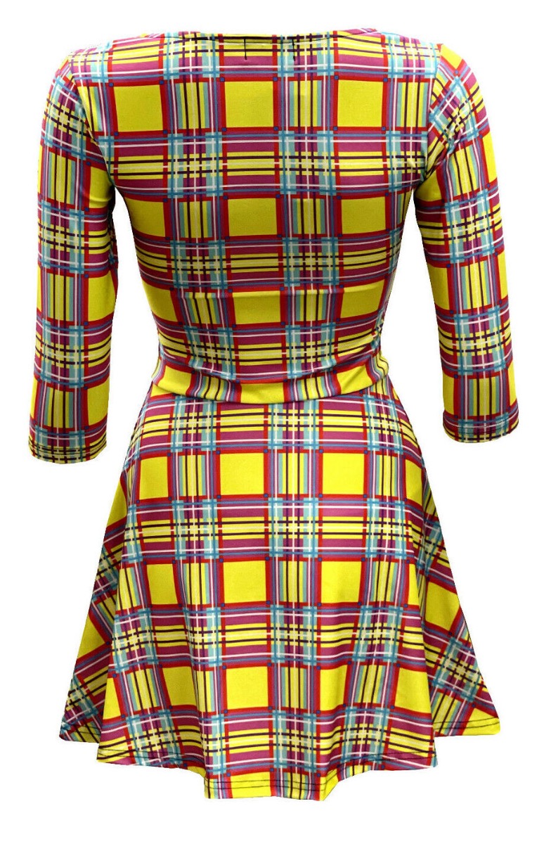 Tartan Check 50's Plaid Squares Printed All Over Printed 3/4 Sleeve Skater Dress